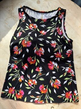 Floral Black Sleeveless Swim Tank Top with Pink & Orange Blooms Built in Bra